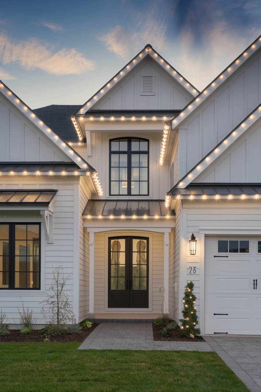 Roofline Christmas light installation on a home in Charleston, SC