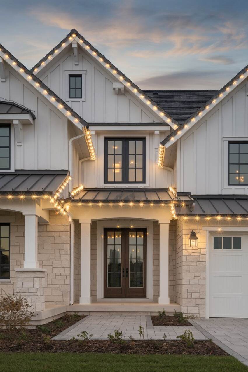 Charleston home with warm white Christmas lights outlining the gables and roofline at dusk