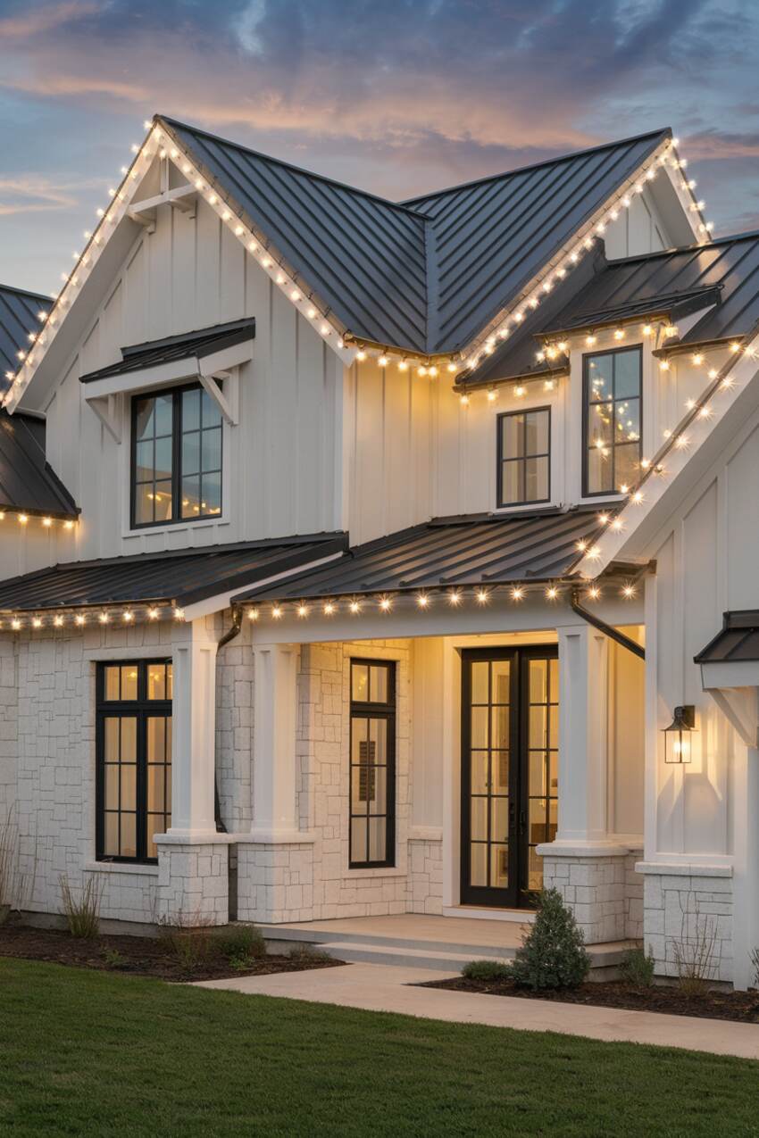 Christmas lights outlining the roofline and windows of a home