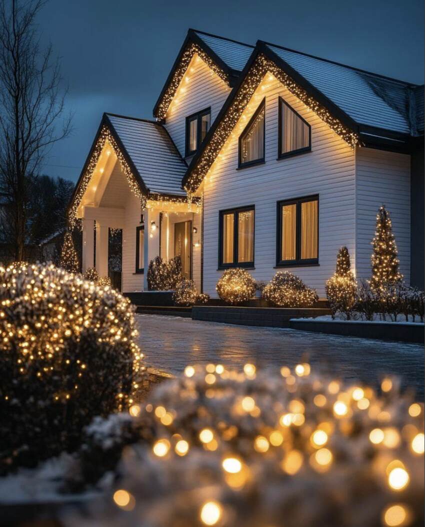 Home landscaping, shrubs, and trees wrapped in warm Christmas lights