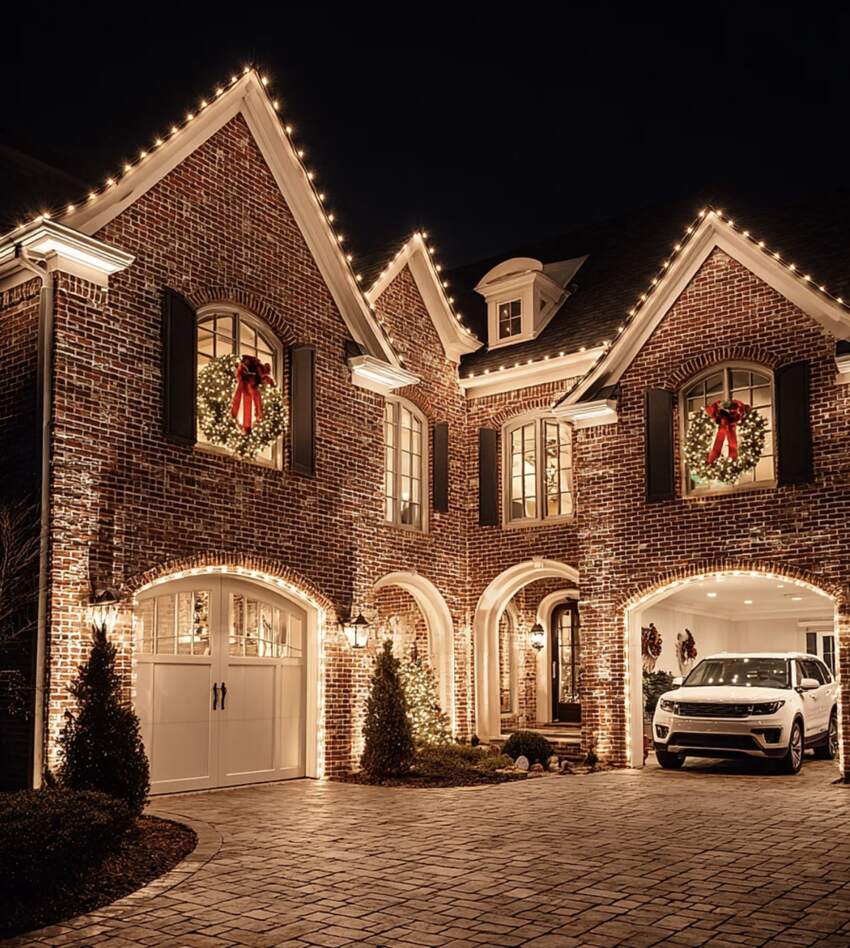 Brick home decorated with Christmas lights and wreaths on the windows