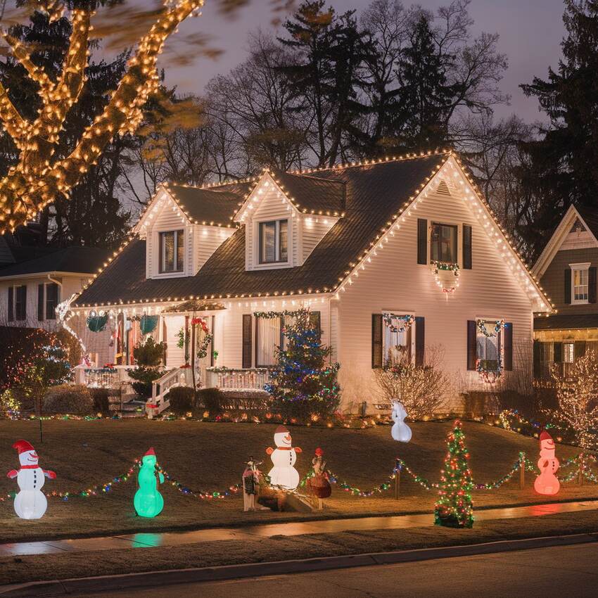 Home and yard decorated with Christmas lights and holiday displays in Charleston, SC