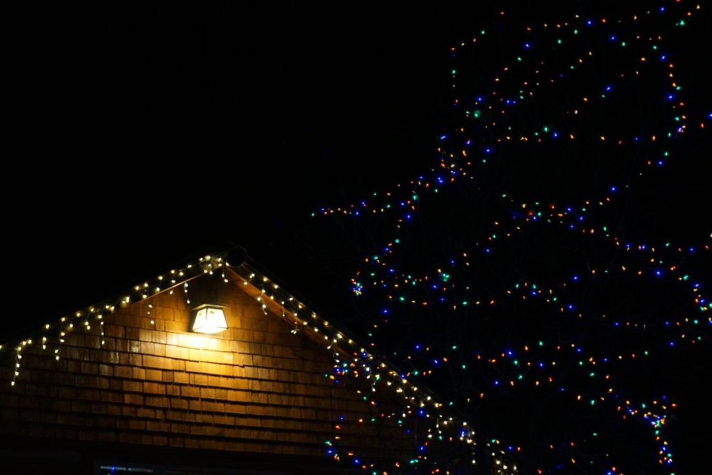 Home with icicle lights along the roofline and a colorful lit Christmas tree at night